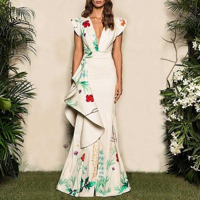 2021 High quality Vintage Party Night Trumpet Dress for Women Elegant Bohemian V-neck Ruffles Summer Maxi Dresses