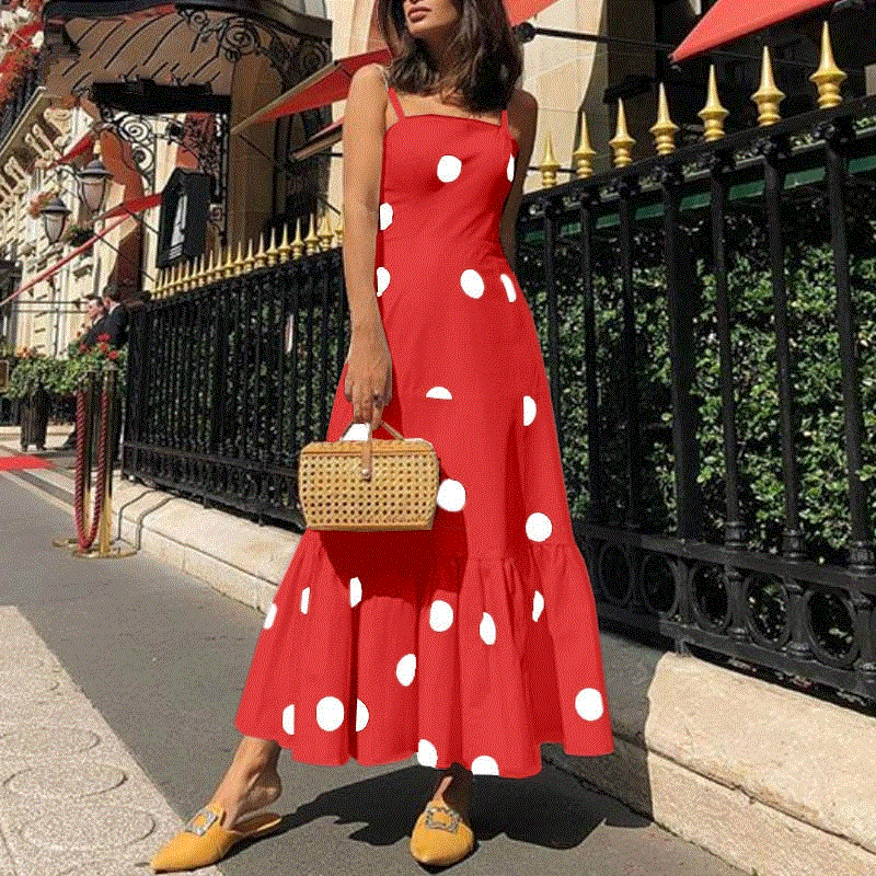 2021 High quality Women Off Shoulder Sleeveless Boho Long Dress New Polka Dot Print Strap Party Dress Summer  Dresses