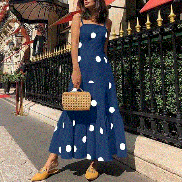 2021 High quality Women Off Shoulder Sleeveless Boho Long Dress New Polka Dot Print Strap Party Dress Summer  Dresses