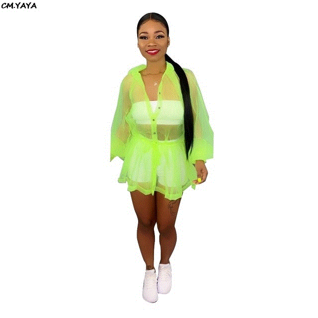 2021 High quality women sexy mesh see though lantern long sleeve ruffles hem above knee mini dress beach  wear dresses