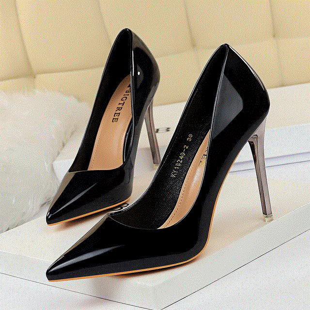 2021 High quality Heel High-heeled Shiny Patent Shallow Mouth Pointed Sexy Nightclub Heels Shoes