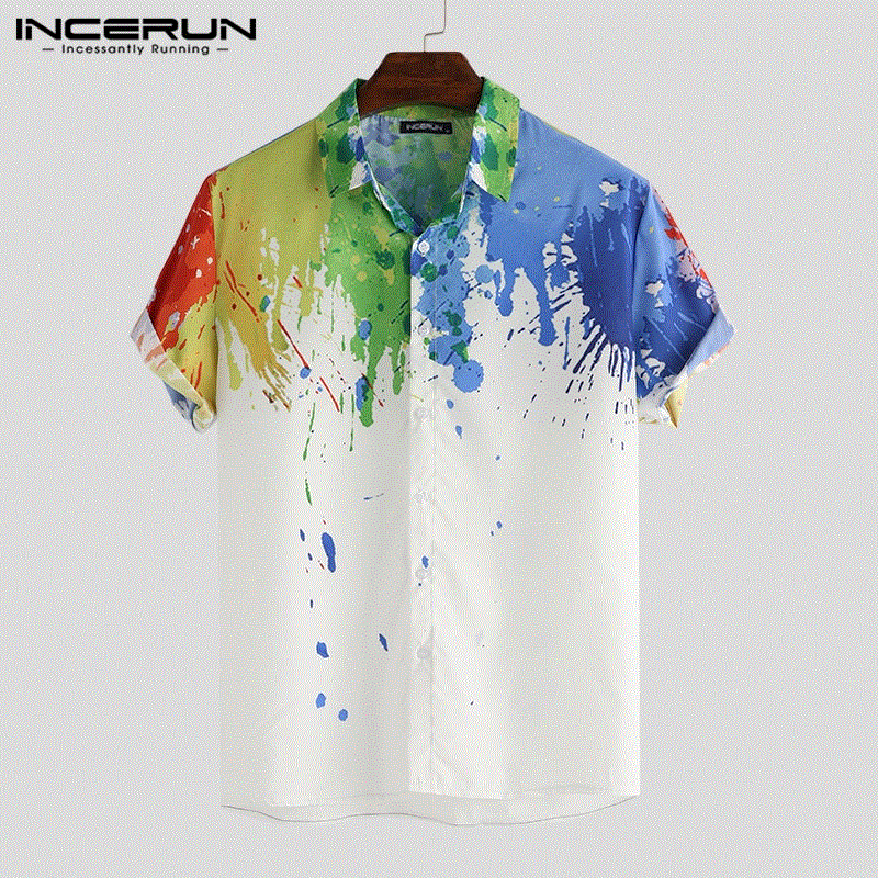 2021 High quality Men Business Shirt Splashed Ink Print Button Lapel Short Sleeve Casual Brand Shirt Men Shirt