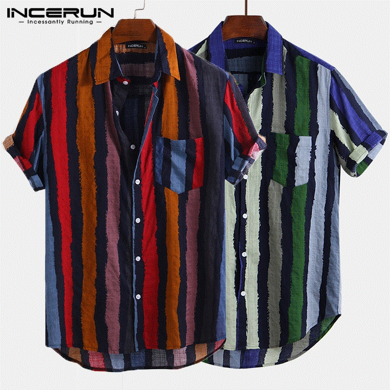 2021 High quality Striped Men Shirt Streetwear Button Up Pockets Loose Short Sleeve Men Casual Stylish Shirts