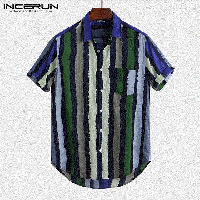 2021 High quality Striped Men Shirt Streetwear Button Up Pockets Loose Short Sleeve Men Casual Stylish Shirts