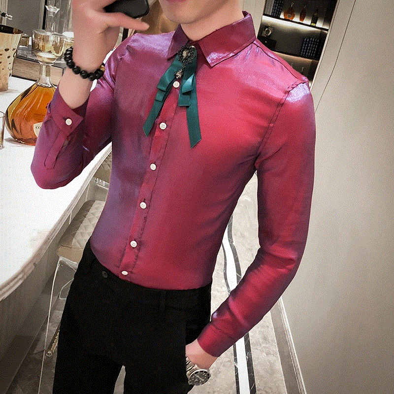 2021 High quality Luxury Shine Shirt Men Fashion Slim Fit Mens Casual Shirts Long Sleeve Streetwear Solid Shirt