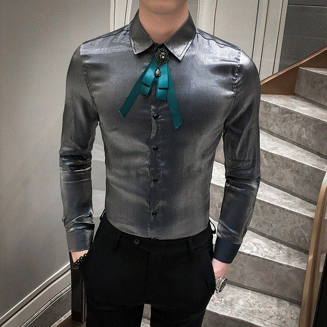 2021 High quality Luxury Shine Shirt Men Fashion Slim Fit Mens Casual Shirts Long Sleeve Streetwear Solid Shirt