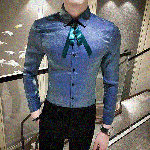 2021 High quality Luxury Shine Shirt Men Fashion Slim Fit Mens Casual Shirts Long Sleeve Streetwear Solid Shirt