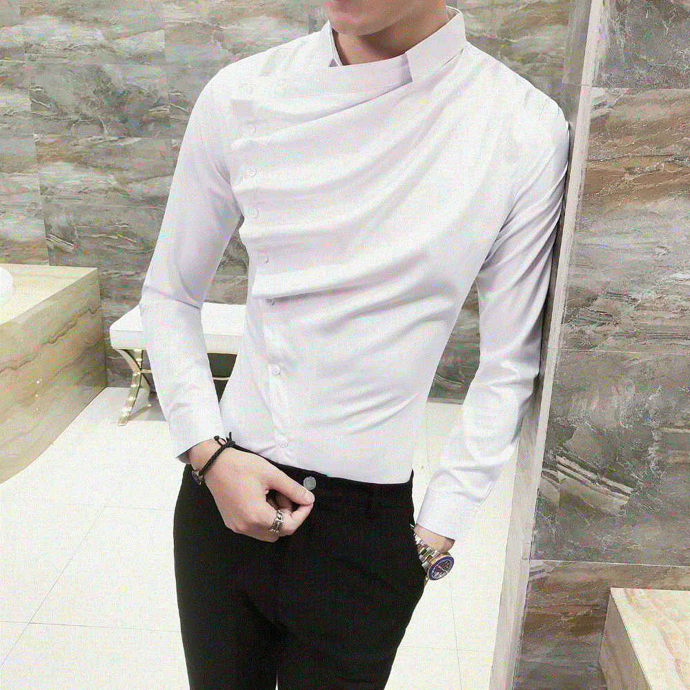 2021 High quality Men Shirt Fashion Slim Fit  Shirts Mens Long Sleeve Front Fold Design Night Club Tuxedo Shirt