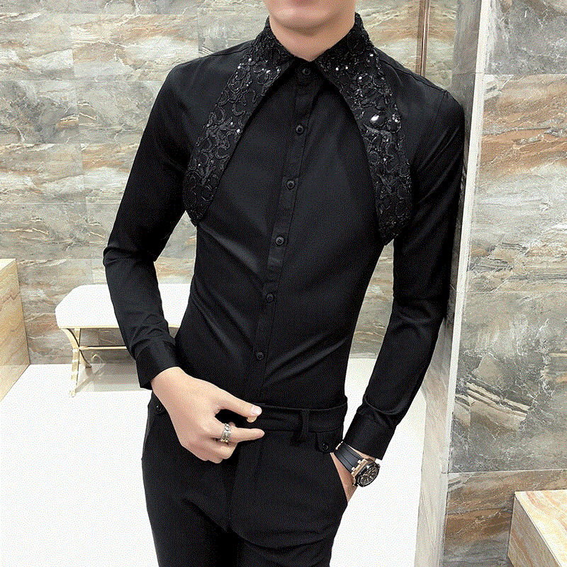 2021 High quality Men Shirt Slim Fit Long Sleeve Tuxedo Shirt Men Sexy Lace Patchwork Casual Party Shirts