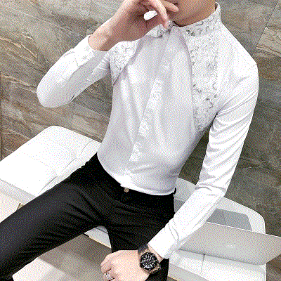 2021 High quality Men Shirt Slim Fit Long Sleeve Tuxedo Shirt Men Sexy Lace Patchwork Casual Party Shirts