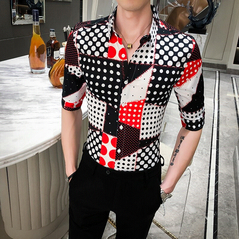 2021 High quality Summer Men Polka Dot Shirt Fashion Streetwear Half Sleeve Men Casual Shirts Slim Fit Club Shirts