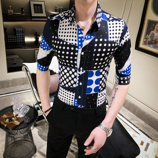 2021 High quality Summer Men Polka Dot Shirt Fashion Streetwear Half Sleeve Men Casual Shirts Slim Fit Club Shirts