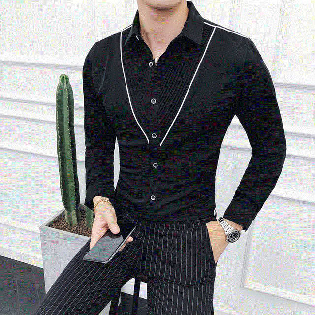 2021 High quality Fashion designer shaped pleated shirt Slim long-sleeved petticoat men's wedding party social shirt