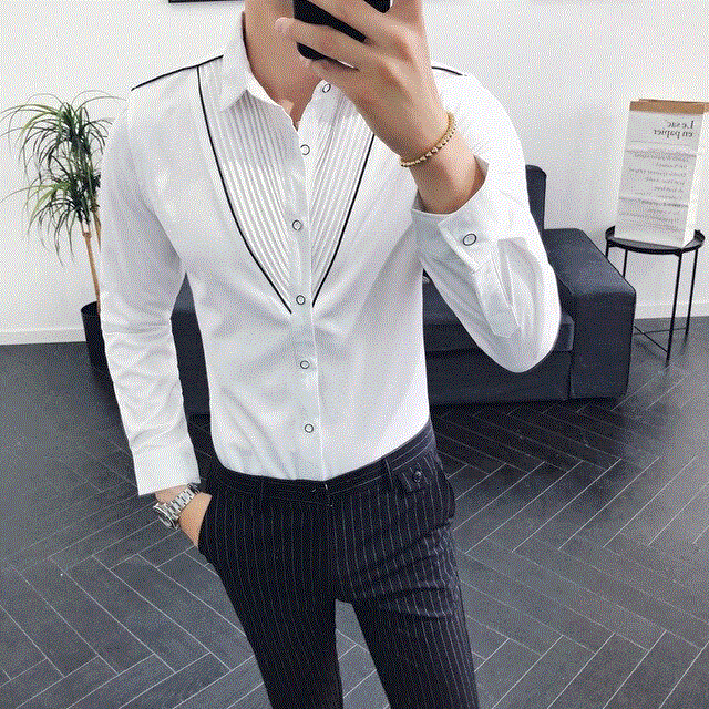 2021 High quality Fashion designer shaped pleated shirt Slim long-sleeved petticoat men's wedding party social shirt