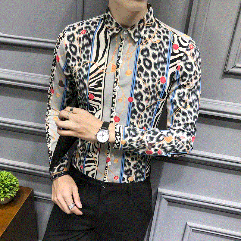 2021 High quality Men Leopard Shirt Brand New Slim Fit Autumn Shirts Mens Long Sleeve Stand Collar Dress Shirts