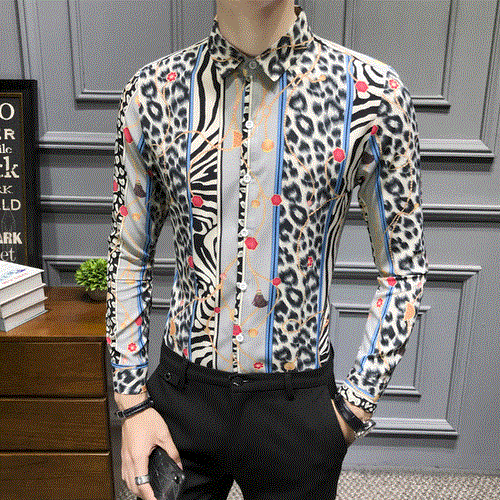 2021 High quality Men Leopard Shirt Brand New Slim Fit Autumn Shirts Mens Long Sleeve Stand Collar Dress Shirts