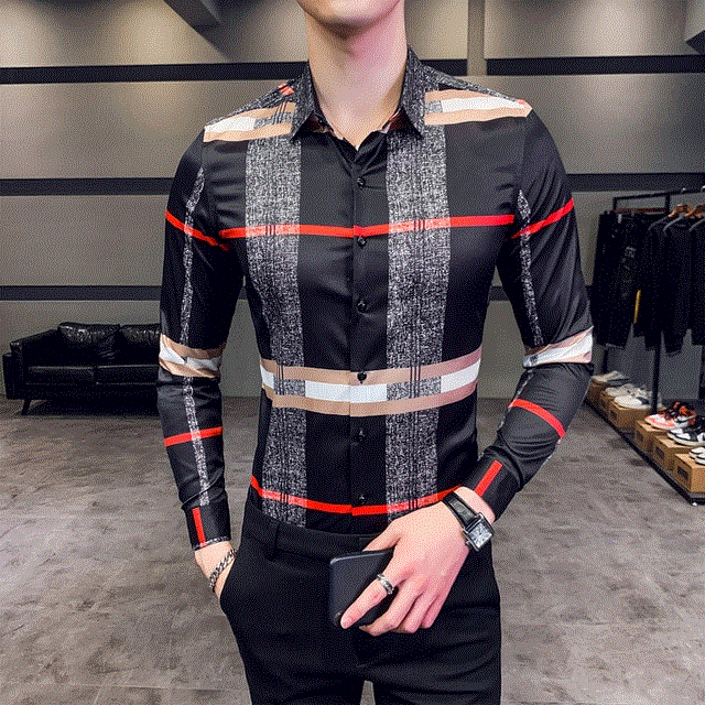 2021 High quality New Luxury men's Fashion Business casual  Chemise homme Personality Plaid long sleeved men shirt