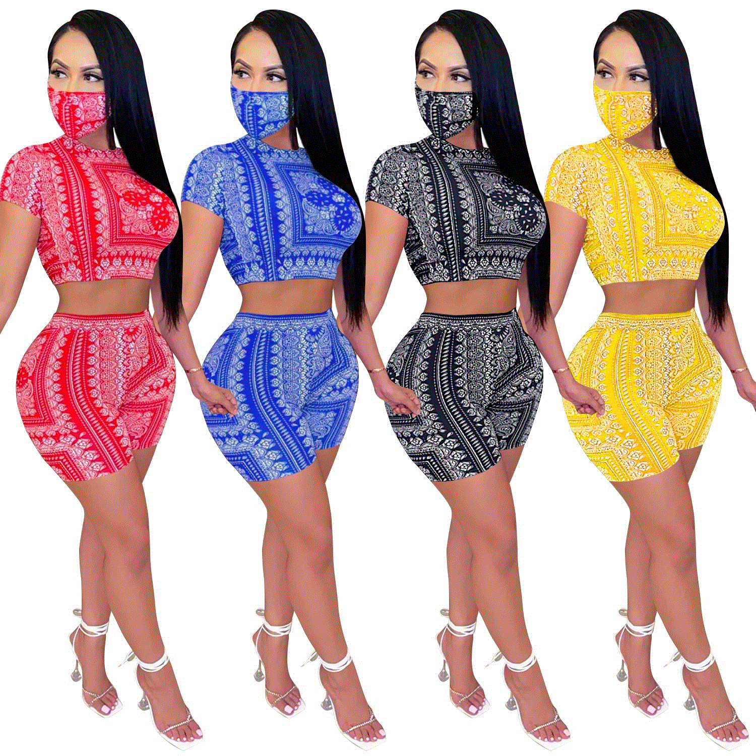 2021 High quality Scarf Print Club Sexy Two Piece Set for Women Hollow Out With Mask Pants Set New Bandage Women Set
