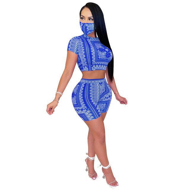 2021 High quality Scarf Print Club Sexy Two Piece Set for Women Hollow Out With Mask Pants Set New Bandage Women Set