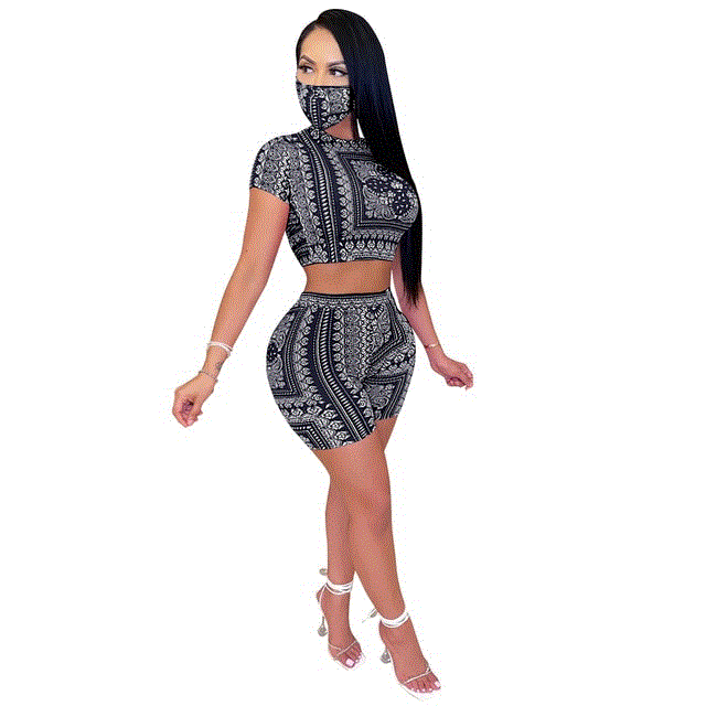 2021 High quality Scarf Print Club Sexy Two Piece Set for Women Hollow Out With Mask Pants Set New Bandage Women Set