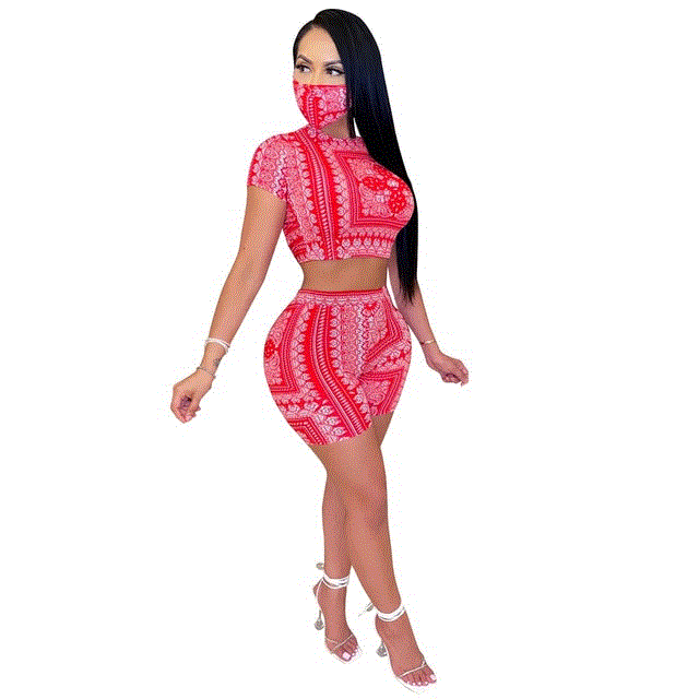 2021 High quality Scarf Print Club Sexy Two Piece Set for Women Hollow Out With Mask Pants Set New Bandage Women Set