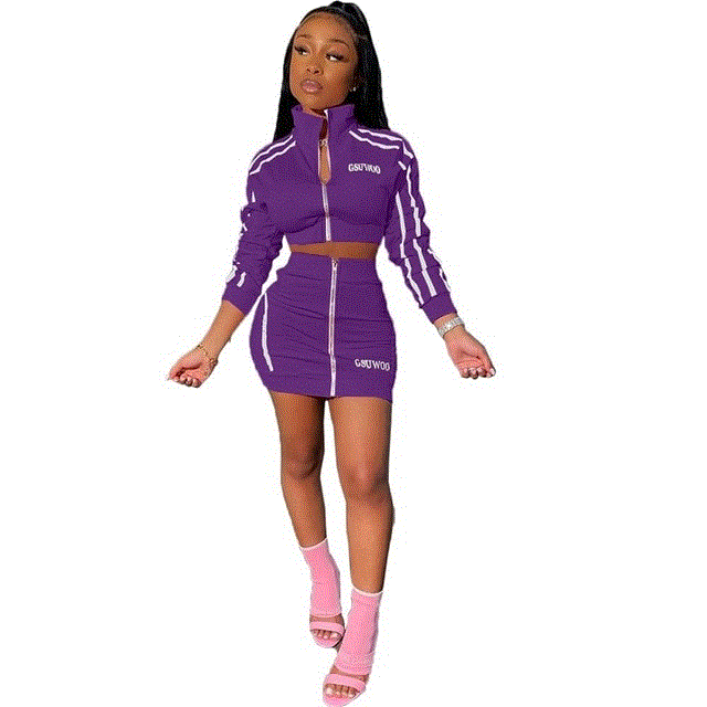2021 High quality Skinny Embroidery Print Tracksuit For Women Zipper Short Jacket Mini Skirt Female Elegant  Set