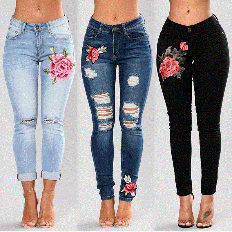 2021 High quality Stretch Embroidered Jeans For Women  Jeans Female Slim Denim Pants Hole Ripped Rose Pattern Jeans