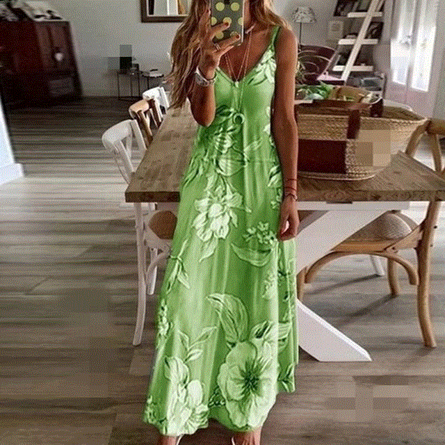 2021 High quality Casual Women Sexy Robe Summer  Sleeveless V-neck Printed Long Dress Maxi Dress
