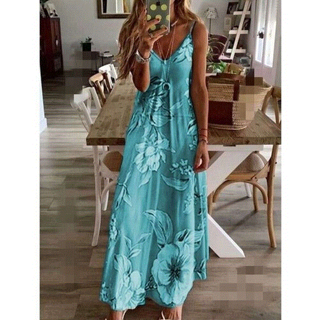 2021 High quality Casual Women Sexy Robe Summer  Sleeveless V-neck Printed Long Dress Maxi Dress