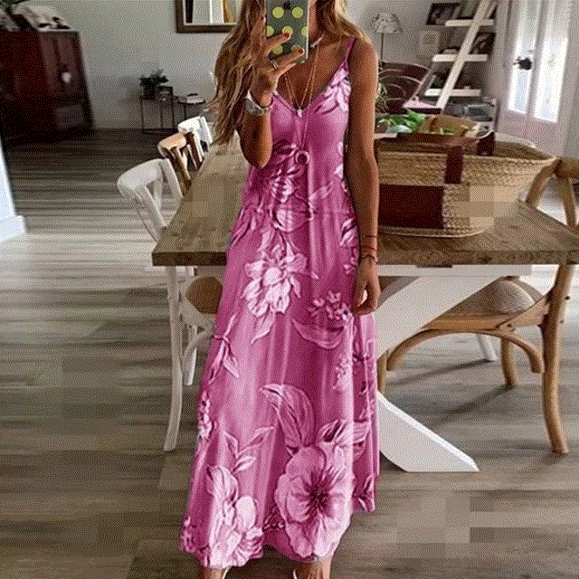 2021 High quality Casual Women Sexy Robe Summer  Sleeveless V-neck Printed Long Dress Maxi Dress
