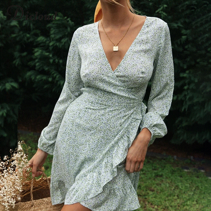 2021 High quality Sexy Women's Autumn Wrap Dress Ruffles V Neck Long Sleeve Elegant Party Day Dress