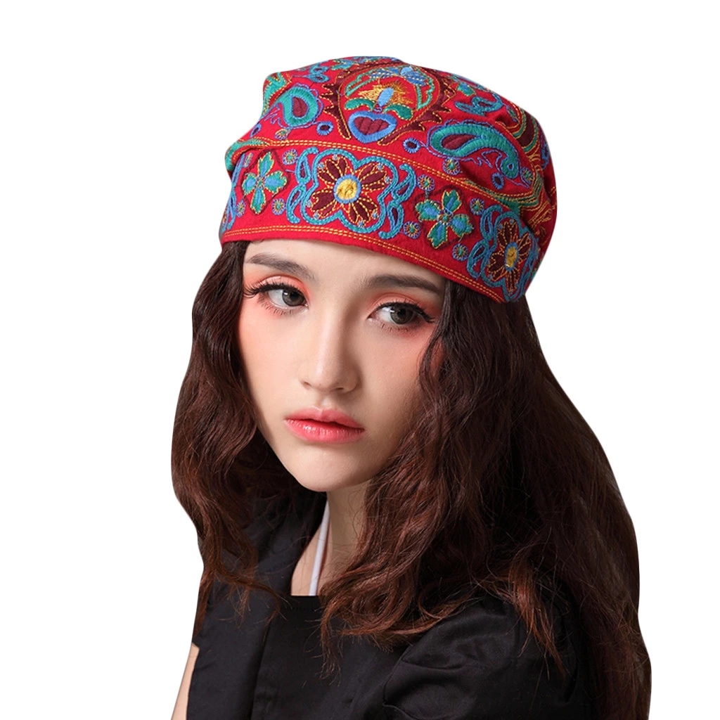 2021 High quality Women Mexican Style Ethnic Vintage Embroidery Flowers Bandanas Red Print Hat