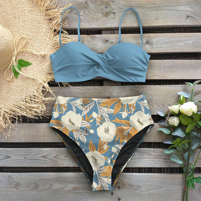 2021 High quality Bikini Swimsuit Women Swimwear Push Up Bikinis Set Leaf Print Female High Waist Swimming Suits
