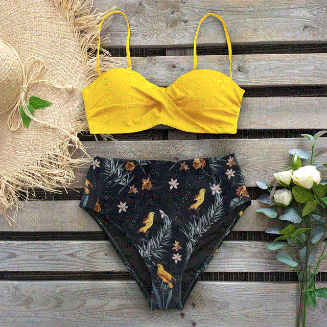 2021 High quality Bikini Swimsuit Women Swimwear Push Up Bikinis Set Leaf Print Female High Waist Swimming Suits