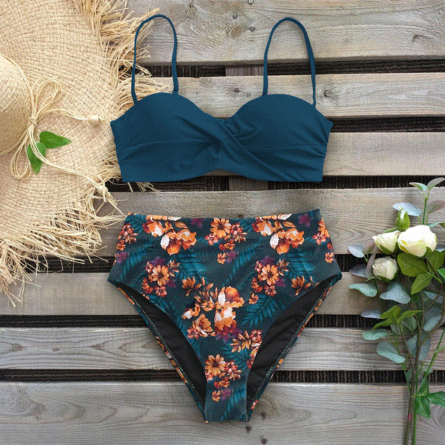 2021 High quality Bikini Swimsuit Women Swimwear Push Up Bikinis Set Leaf Print Female High Waist Swimming Suits
