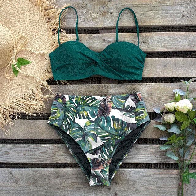 2021 High quality Bikini Swimsuit Women Swimwear Push Up Bikinis Set Leaf Print Female High Waist Swimming Suits