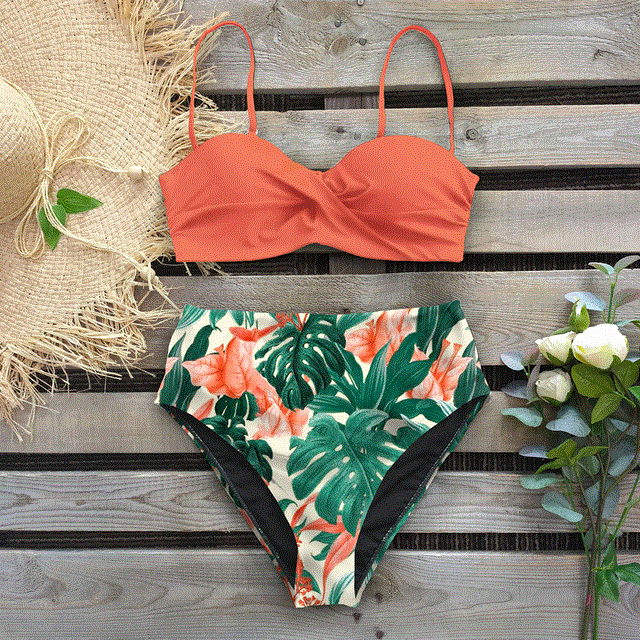 2021 High quality Bikini Swimsuit Women Swimwear Push Up Bikinis Set Leaf Print Female High Waist Swimming Suits