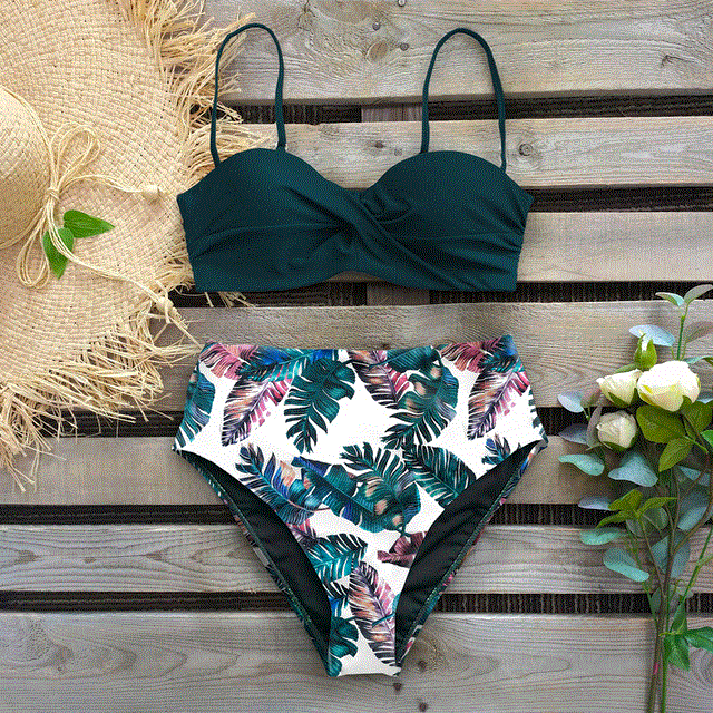 2021 High quality Bikini Swimsuit Women Swimwear Push Up Bikinis Set Leaf Print Female High Waist Swimming Suits