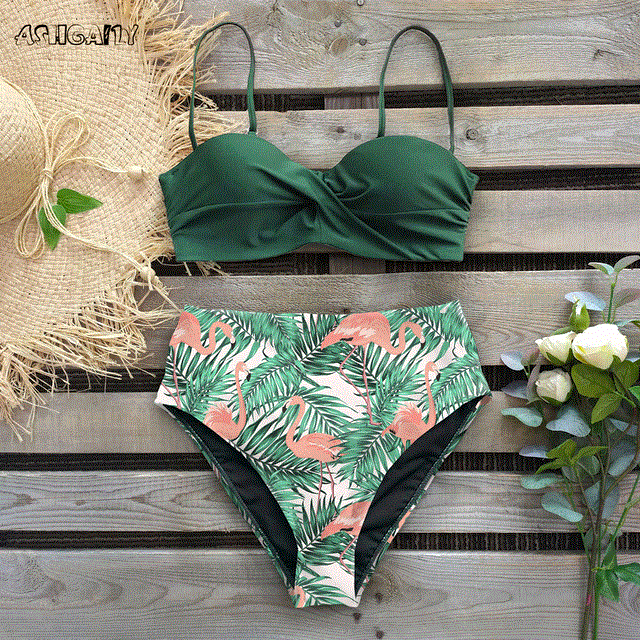 2021 High quality Bikini Swimsuit Women Swimwear Push Up Bikinis Set Leaf Print Female High Waist Swimming Suits