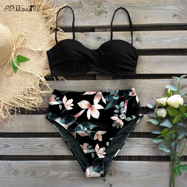 2021 High quality Bikini Swimsuit Women Swimwear Push Up Bikinis Set Leaf Print Female High Waist Swimming Suits
