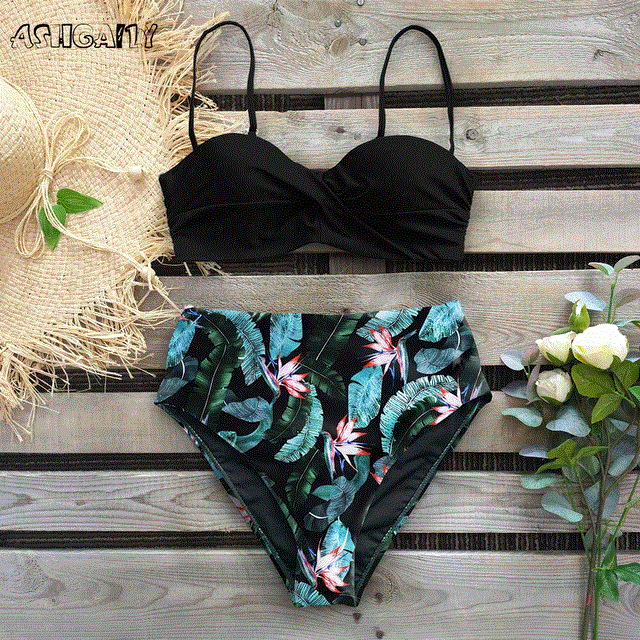 2021 High quality Bikini Swimsuit Women Swimwear Push Up Bikinis Set Leaf Print Female High Waist Swimming Suits