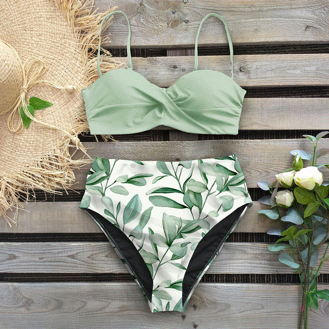 2021 High quality Bikini Swimsuit Women Swimwear Push Up Bikinis Set Leaf Print Female High Waist Swimming Suits