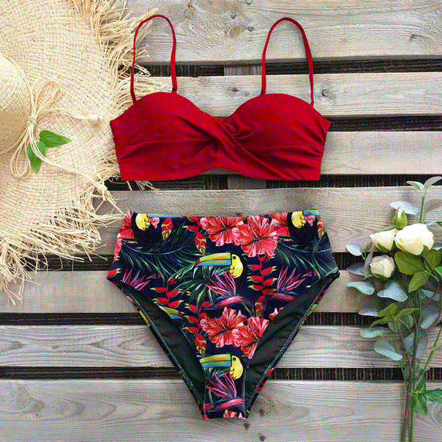 2021 High quality Bikini Swimsuit Women Swimwear Push Up Bikinis Set Leaf Print Female High Waist Swimming Suits