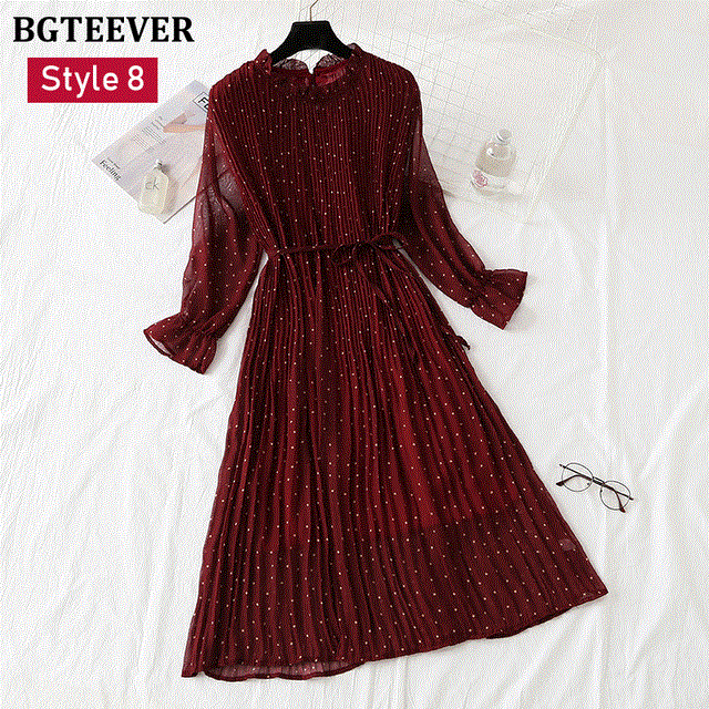2021 High quality Spring Stand Collar Floral Print Women Dress Lace Up Female Pleated Dress Summer Party
