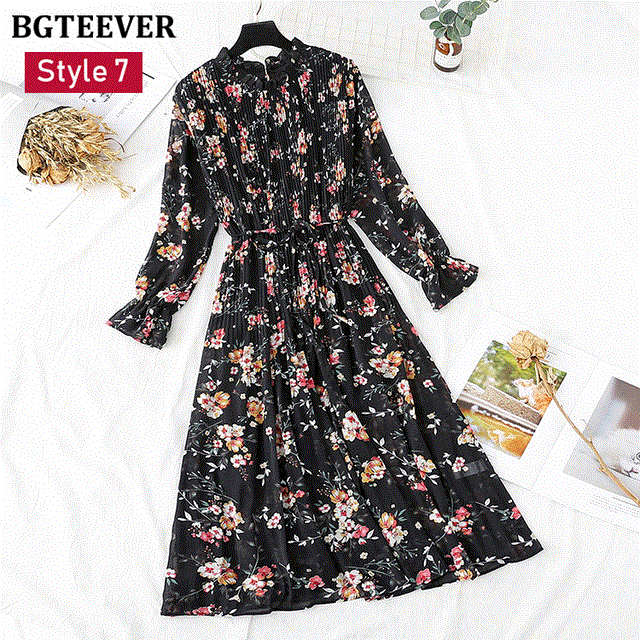2021 High quality Spring Stand Collar Floral Print Women Dress Lace Up Female Pleated Dress Summer Party