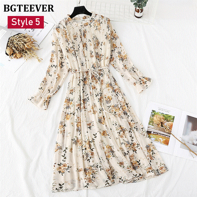 2021 High quality Spring Stand Collar Floral Print Women Dress Lace Up Female Pleated Dress Summer Party