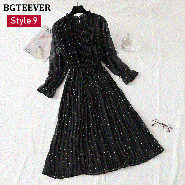 2021 High quality Spring Stand Collar Floral Print Women Dress Lace Up Female Pleated Dress Summer Party