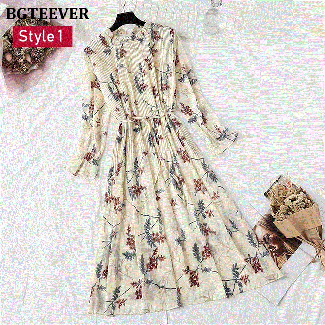 2021 High quality Spring Stand Collar Floral Print Women Dress Lace Up Female Pleated Dress Summer Party