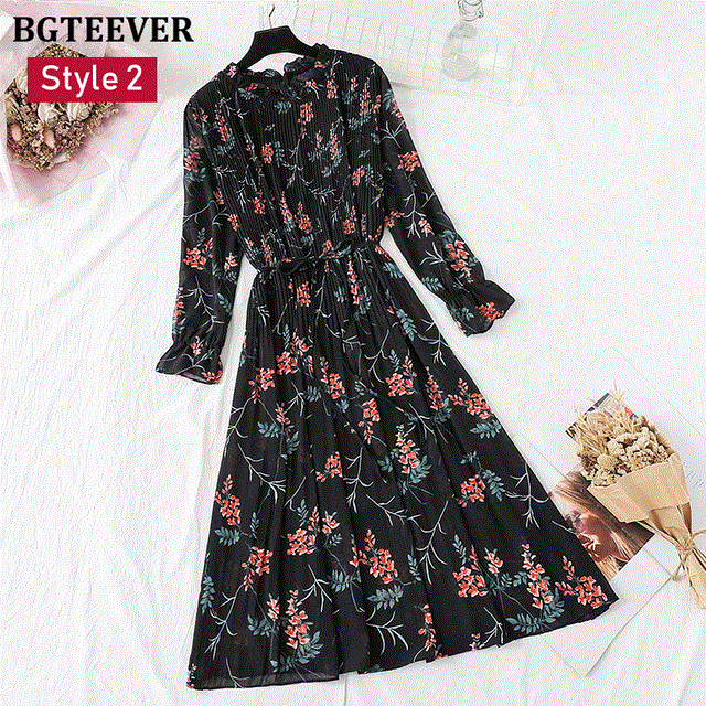 2021 High quality Spring Stand Collar Floral Print Women Dress Lace Up Female Pleated Dress Summer Party