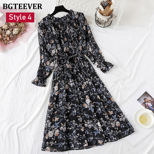 2021 High quality Spring Stand Collar Floral Print Women Dress Lace Up Female Pleated Dress Summer Party